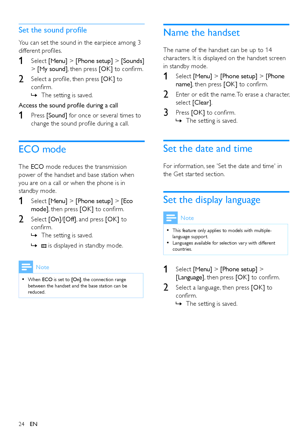 Philips CD290, CD295 ECO mode, Name the handset, Set the date and time, Set the display language, Set the sound profile 