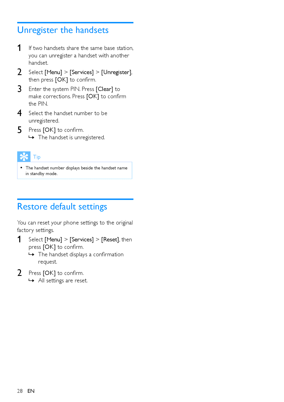 Philips CD290, CD295 Unregister the handsets, Restore default settings, Select the handset number to be, Unregistered 