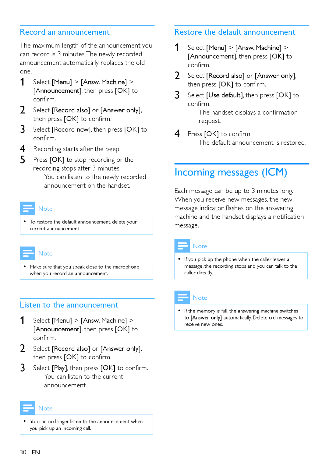 Philips CD290 Incoming messages ICM, Record an announcement, Listen to the announcement, Restore the default announcement 