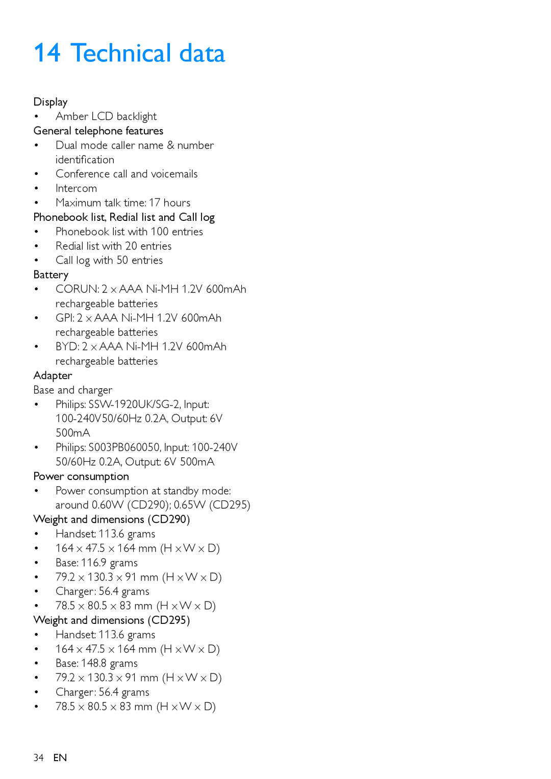 Philips CD290, CD295 user manual Technical data 