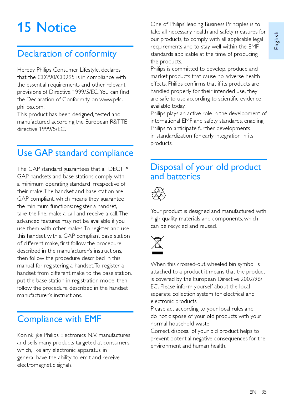 Philips CD295, CD290 user manual Declaration of conformity, Use GAP standard compliance, Compliance with EMF 