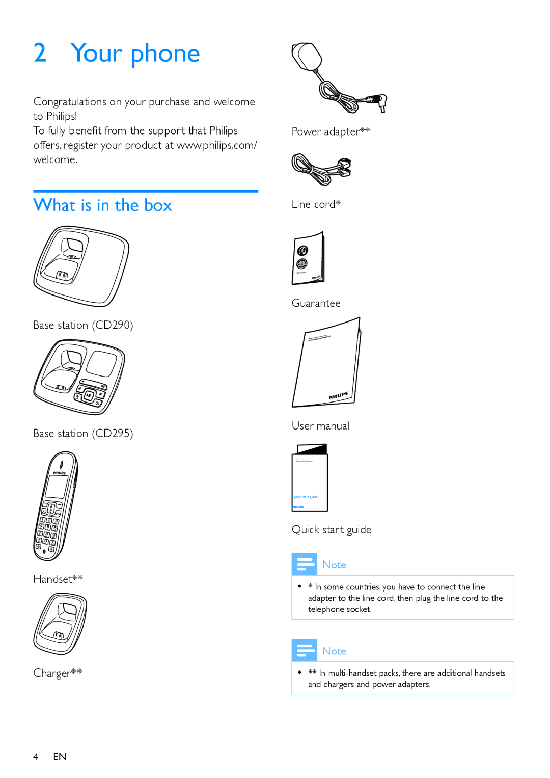 Philips CD290 Your phone, What is in the box, Congratulations on your purchase and welcome to Philips, Quick start guide 