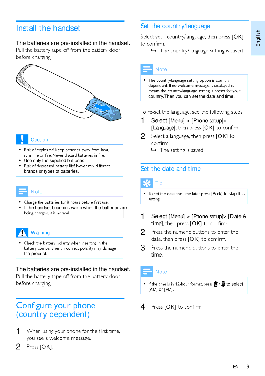 Philips CD290 user manual Install the handset, Set the country/language, Set the date and time 