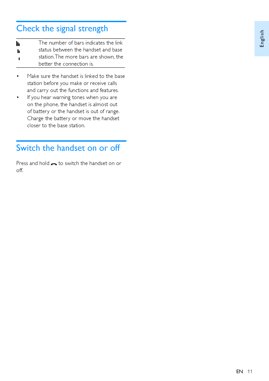 Philips CD290 user manual Check the signal strength, Switch the handset on or off 