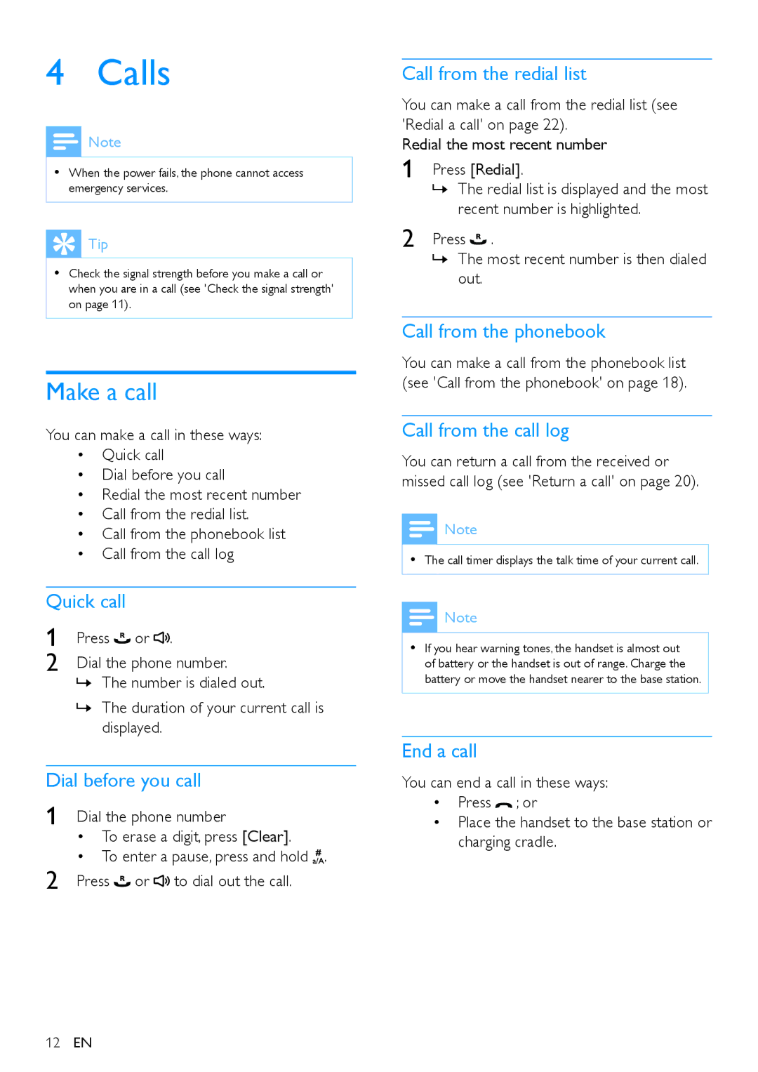 Philips CD290 user manual Calls, Make a call 