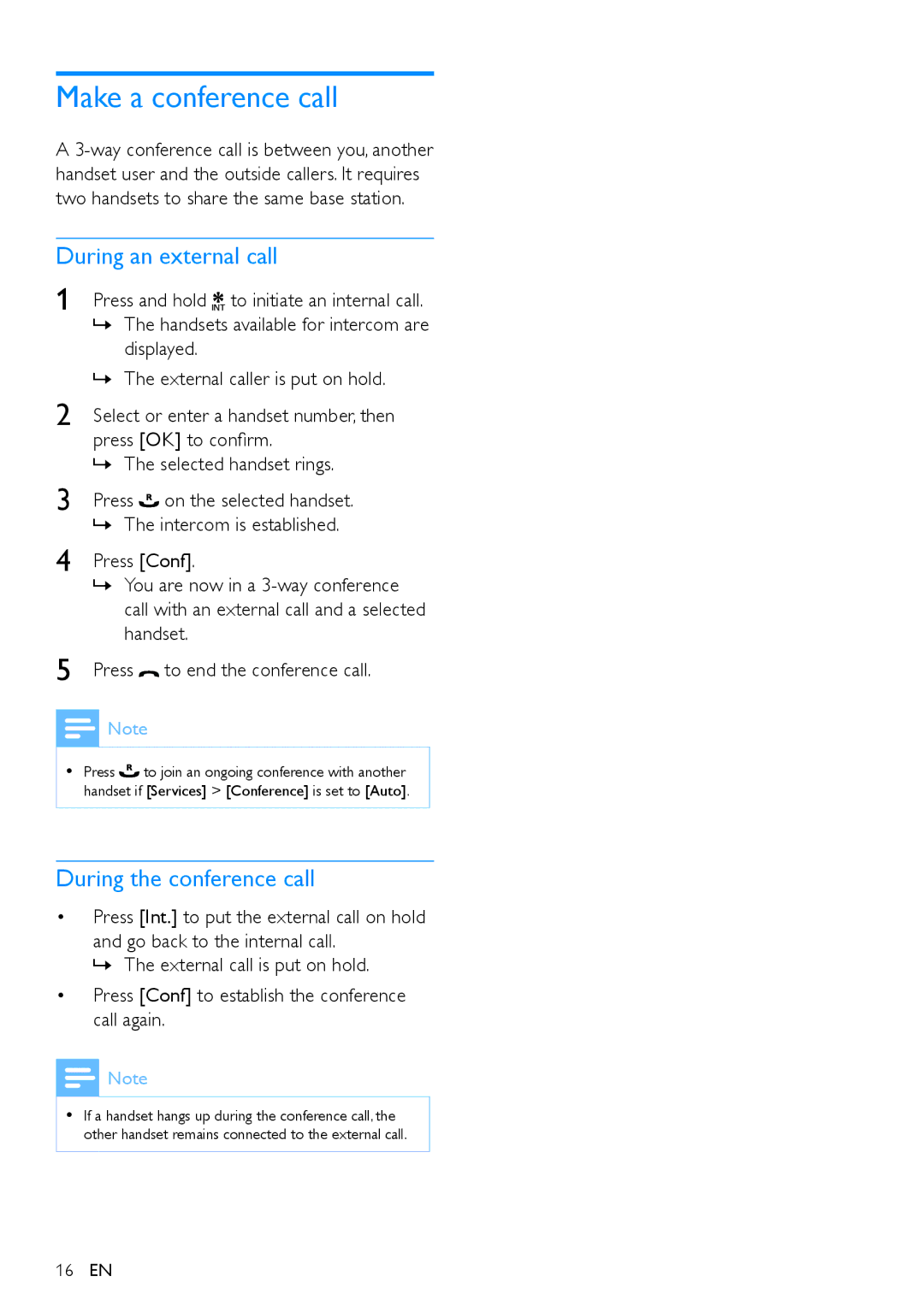 Philips CD290 user manual Make a conference call, During an external call, During the conference call 