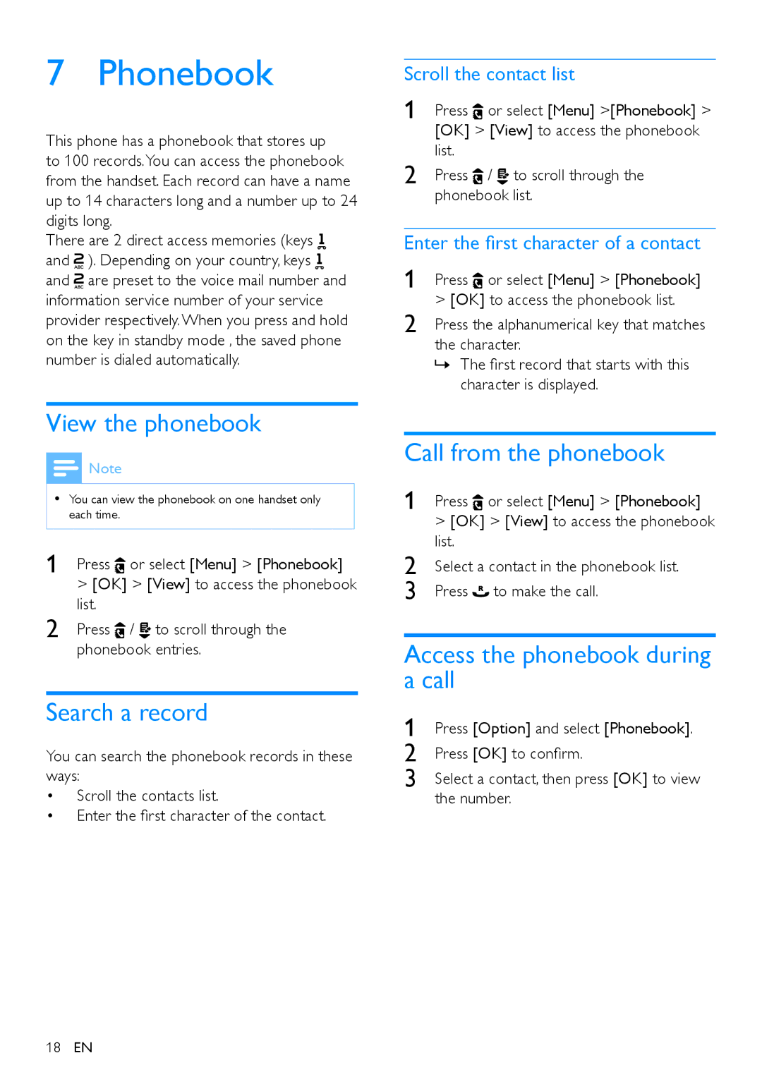 Philips CD290 Phonebook, View the phonebook, Search a record, Call from the phonebook, Access the phonebook during a call 