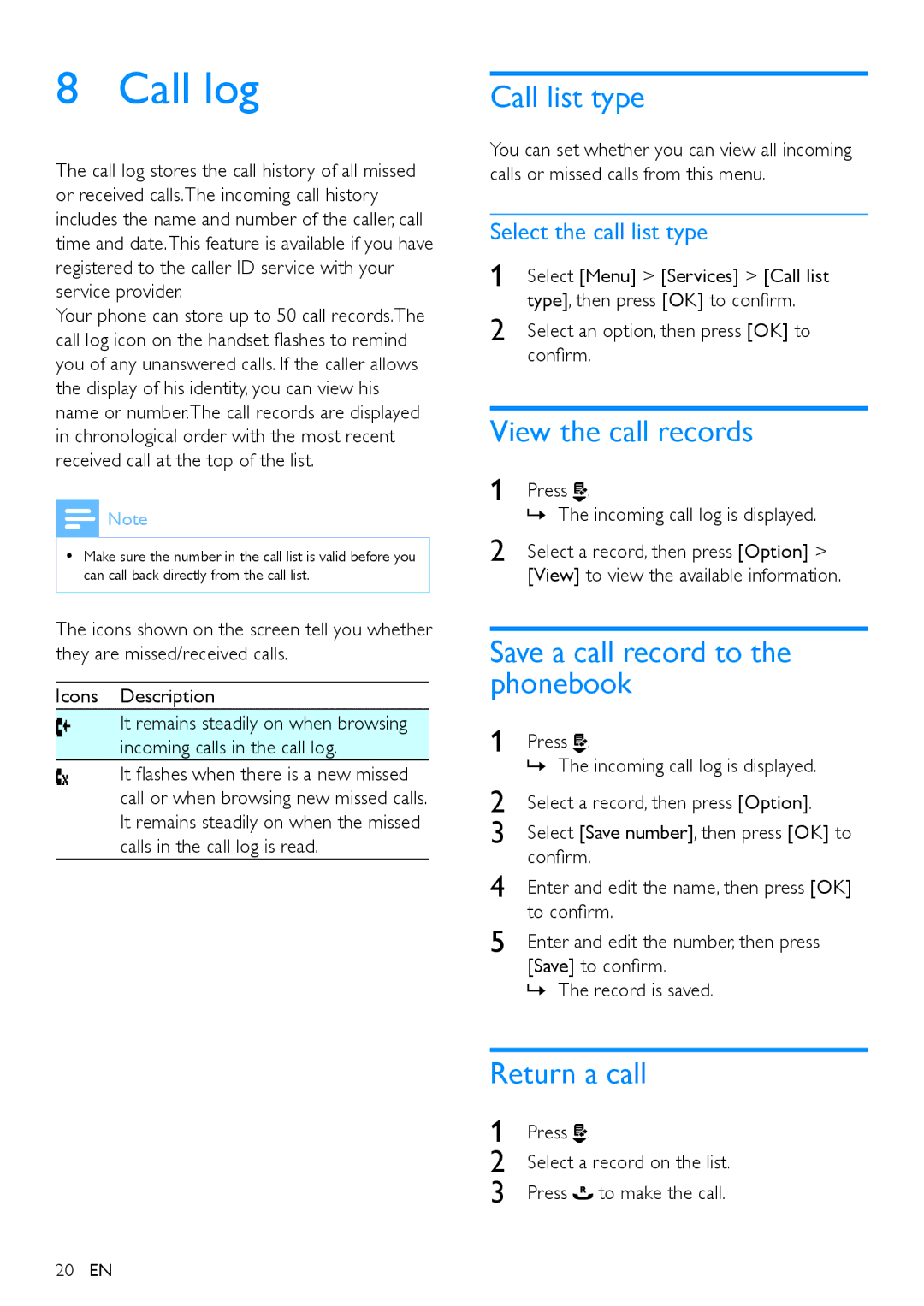 Philips CD290 Call log, Call list type, View the call records, Save a call record to the phonebook, Return a call 