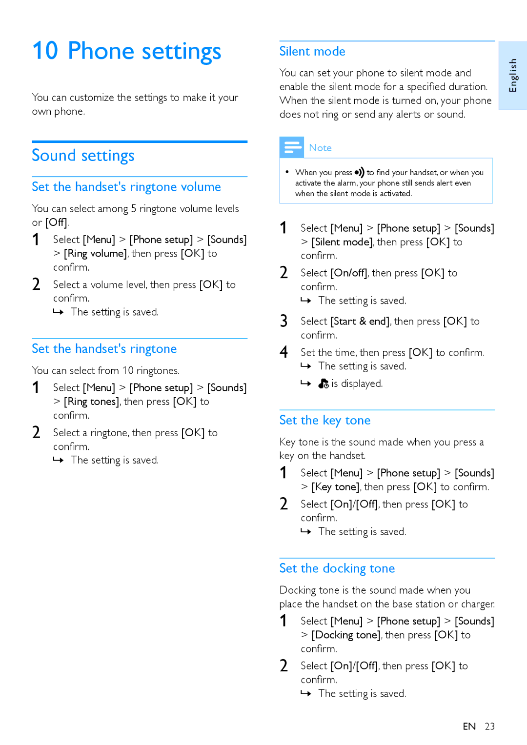 Philips CD290 user manual Phone settings, Sound settings 