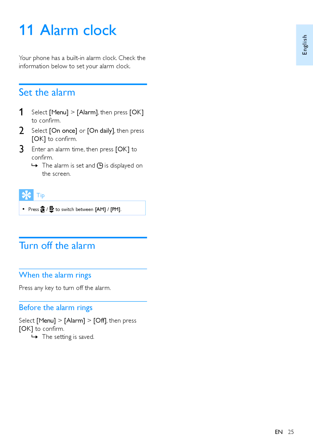 Philips CD290 user manual Alarm clock, Set the alarm, Turn off the alarm, When the alarm rings, Before the alarm rings 