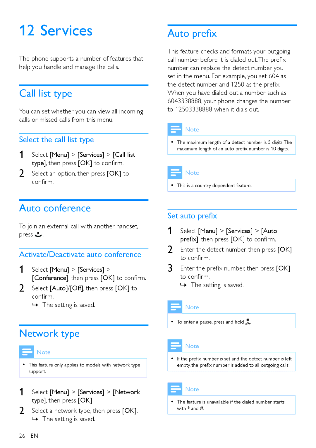 Philips CD290 user manual Services, Auto conference, Network type, Auto prefix 