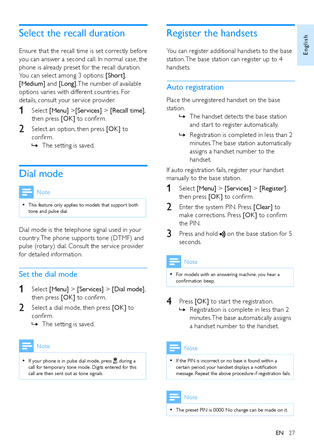 Philips CD290 Select the recall duration, Dial mode, Register the handsets, Set the dial mode, Auto registration 