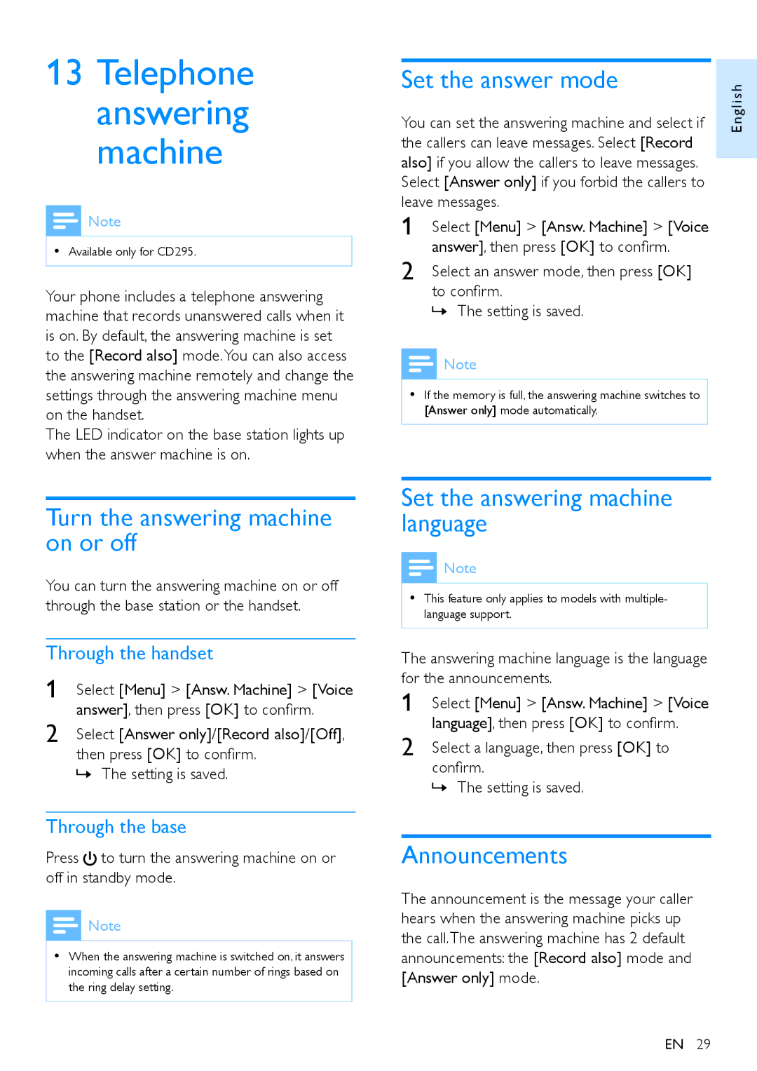 Philips CD290 Turn the answering machine on or off, Set the answer mode, Set the answering machine language, Announcements 