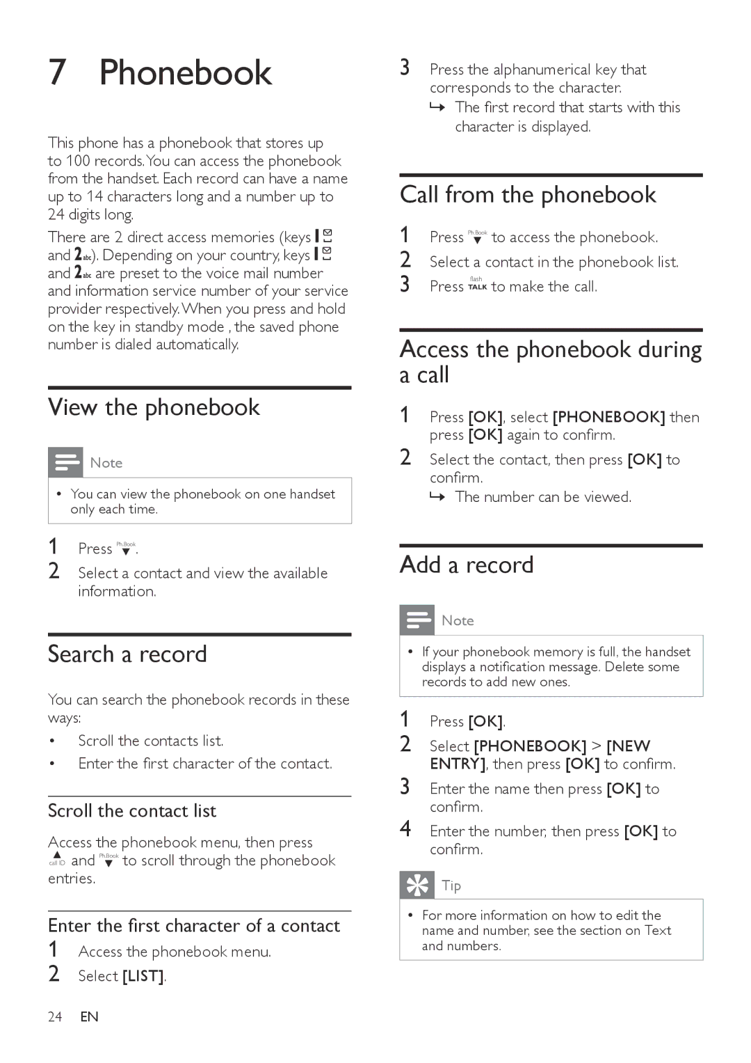 Philips CD365, CD360 user manual Phonebook 