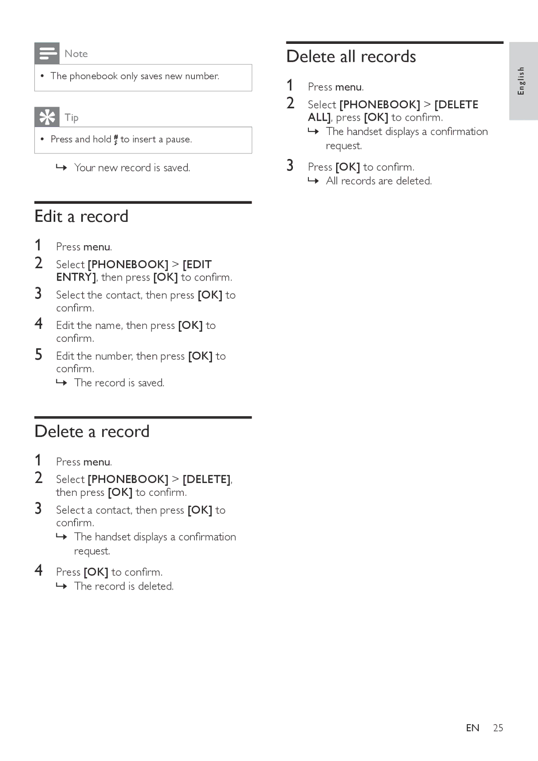 Philips CD360, CD365 user manual Edit a record, Delete a record, Delete all records 