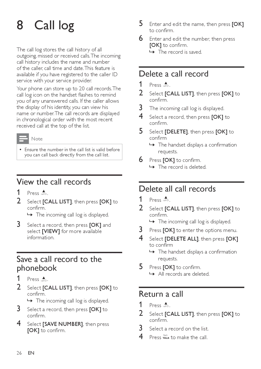 Philips CD365, CD360 user manual Call log 