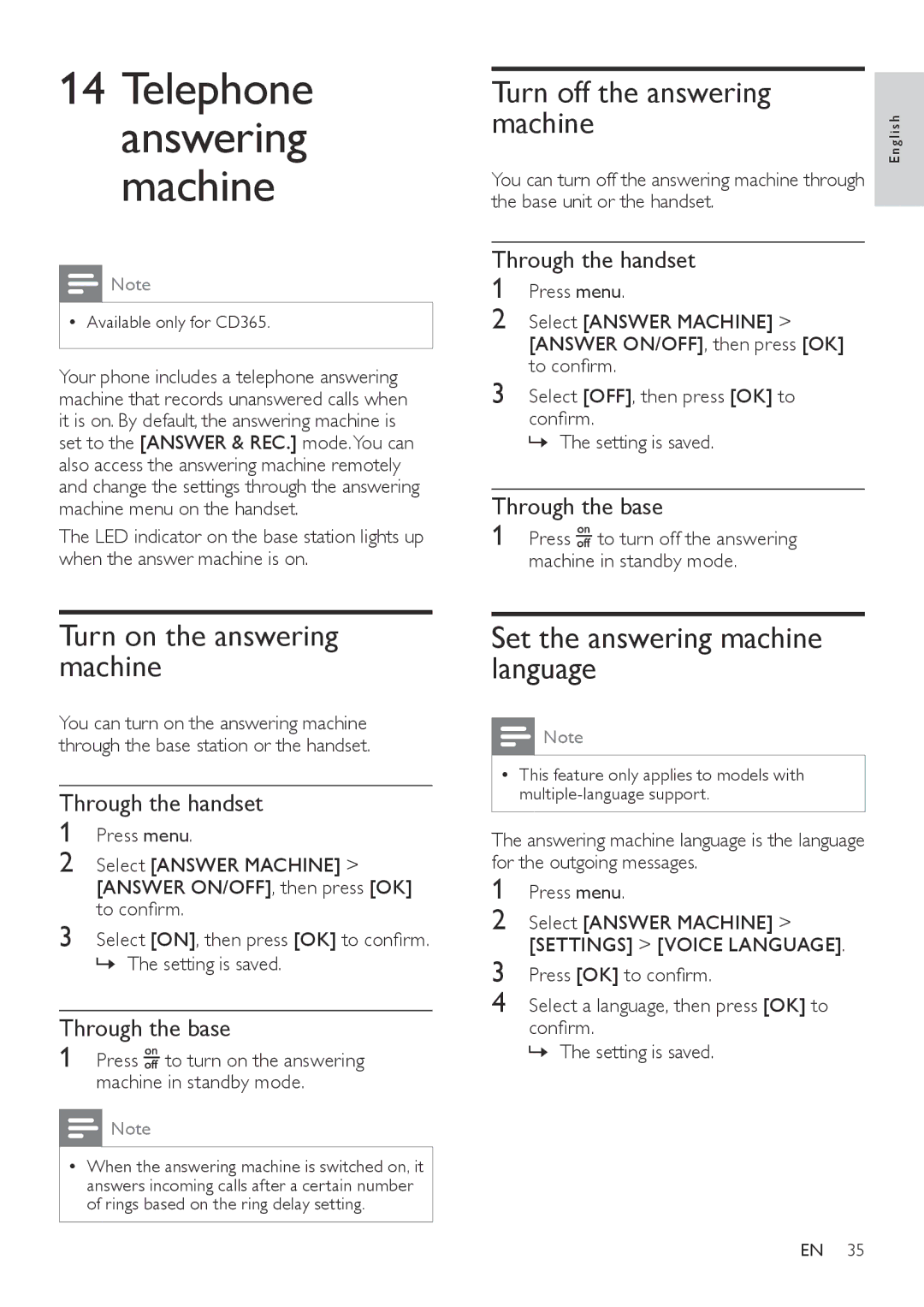 Philips CD360, CD365 Turn off the answering Machine, Turn on the answering machine, Set the answering machine language 