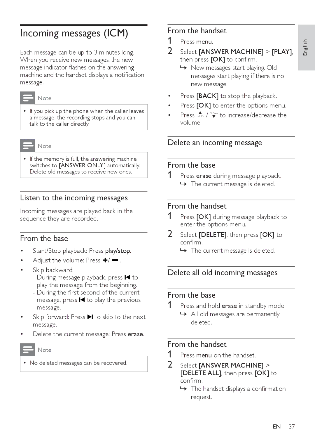 Philips CD360, CD365 user manual Incoming messages ICM 