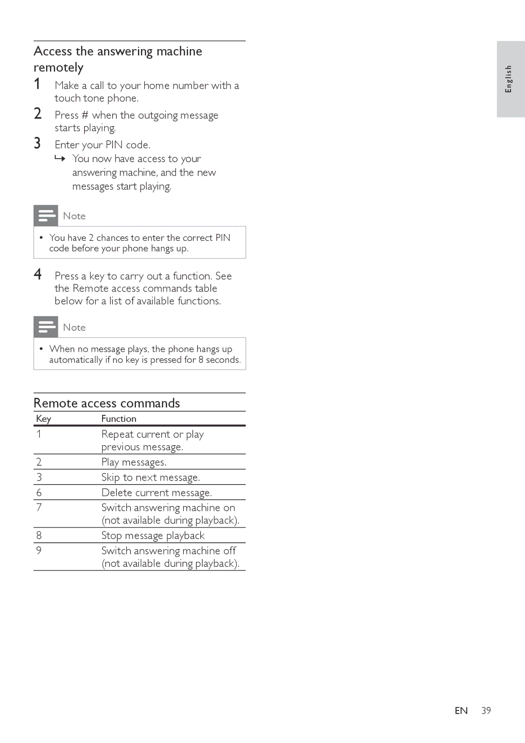 Philips CD360, CD365 user manual Access the answering machine remotely, Remote access commands 