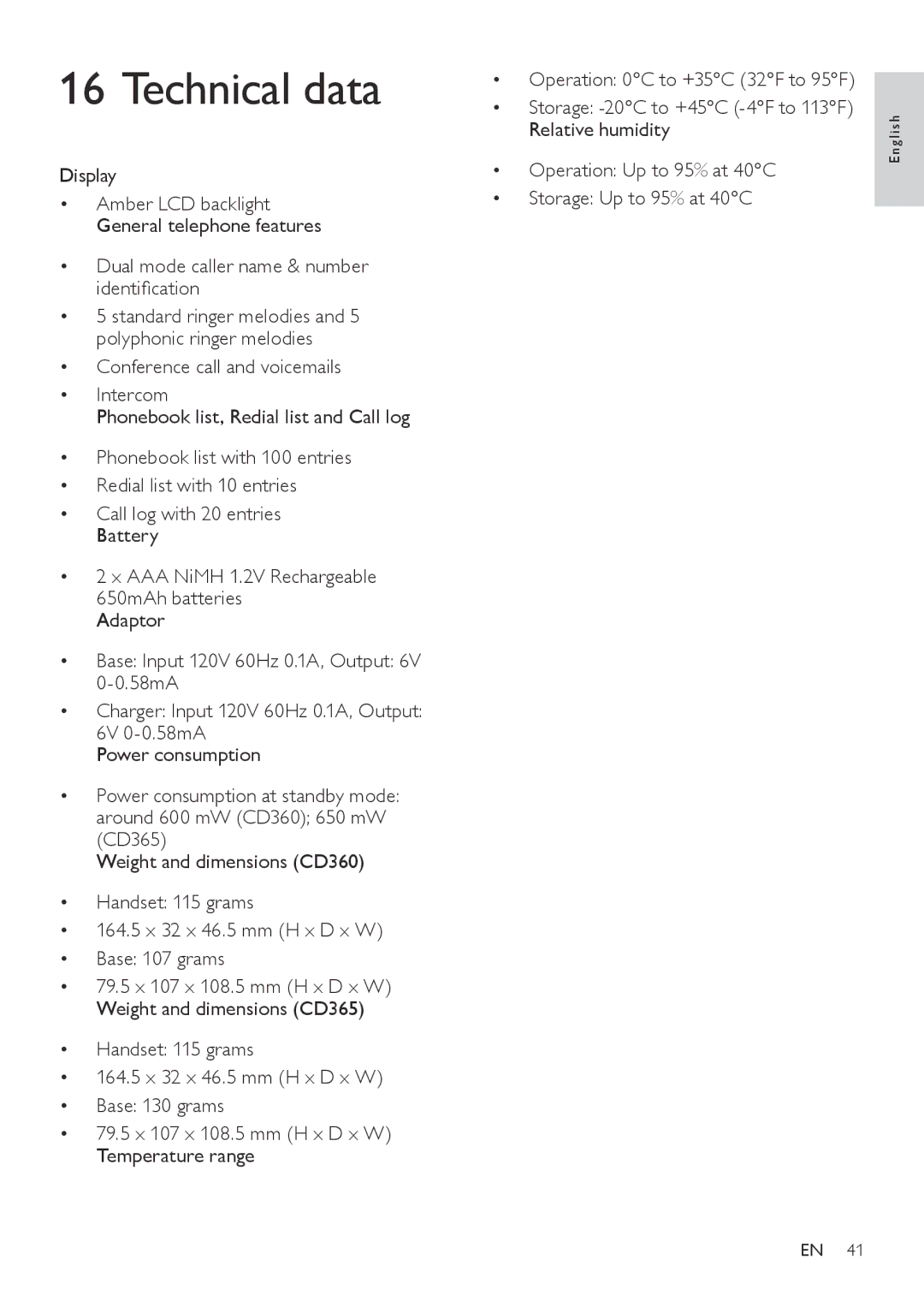 Philips CD360, CD365 user manual Technical data 