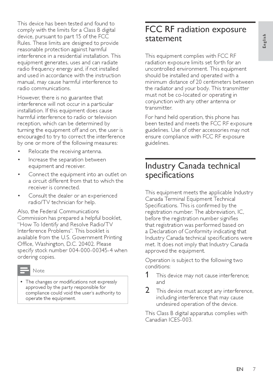 Philips CD360, CD365 user manual FCC RF radiation exposure statement, Industry Canada technical specifications 