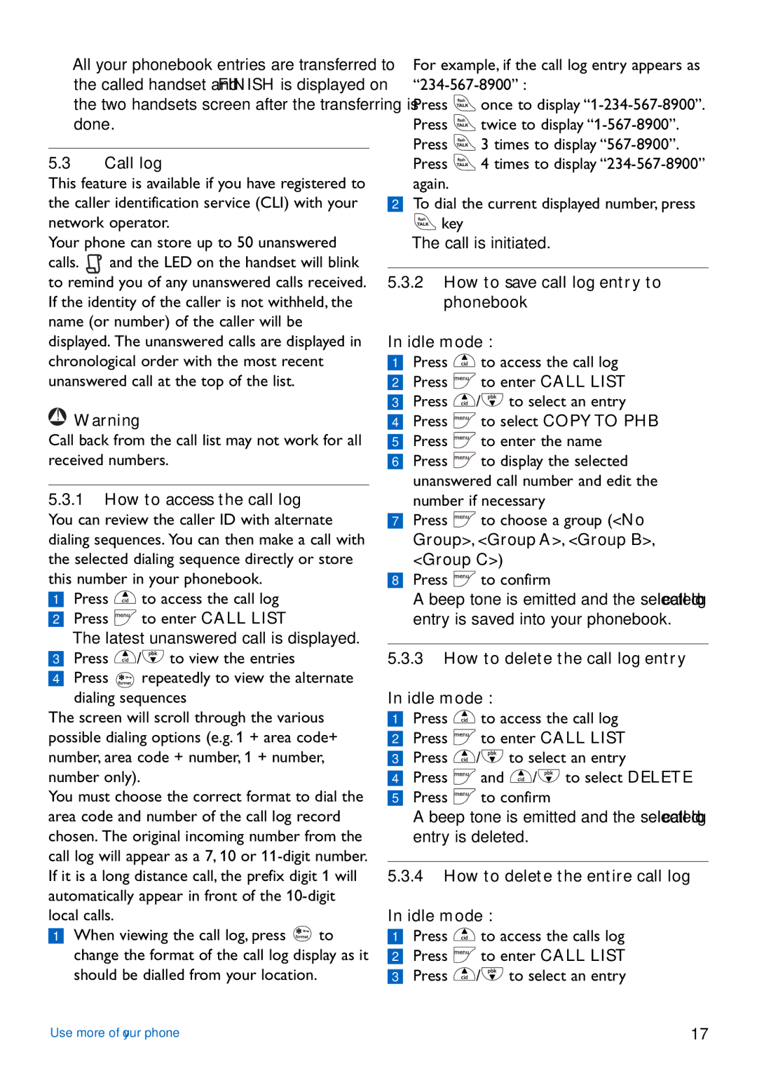 Philips CD440 Call log, How to save call log entry to phonebook Idle mode, How to delete the call log entry Idle mode 