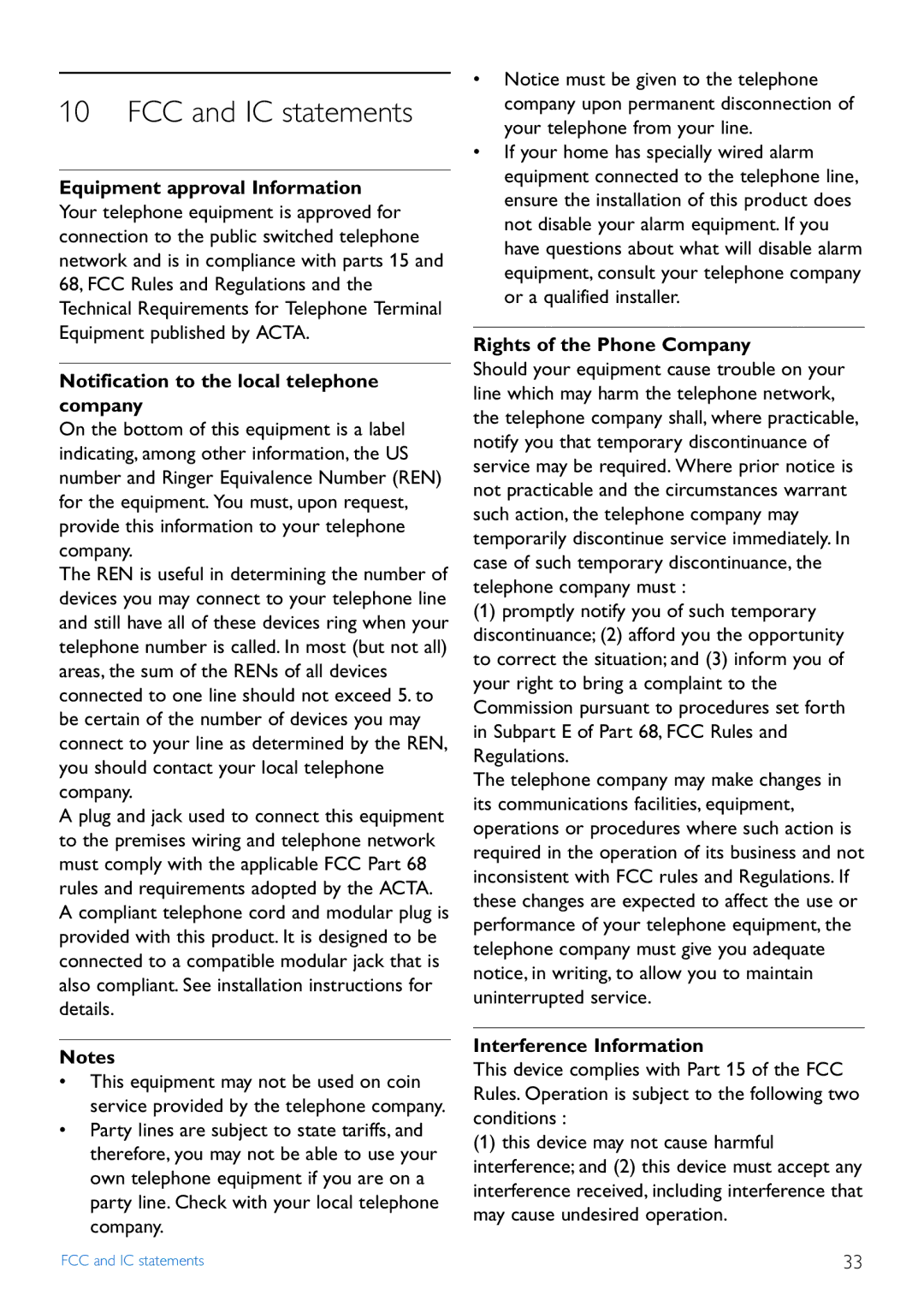 Philips CD440 manual FCC and IC statements, Equipment approval Information, Notification to the local telephone company 