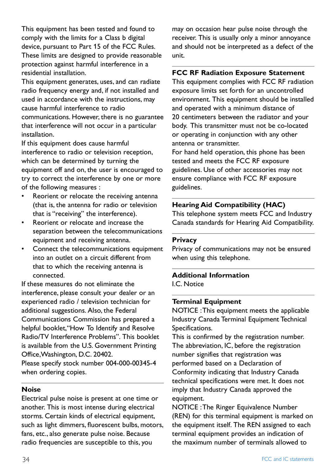 Philips CD440 manual Noise, FCC RF Radiation Exposure Statement, Hearing Aid Compatibility HAC, Privacy 