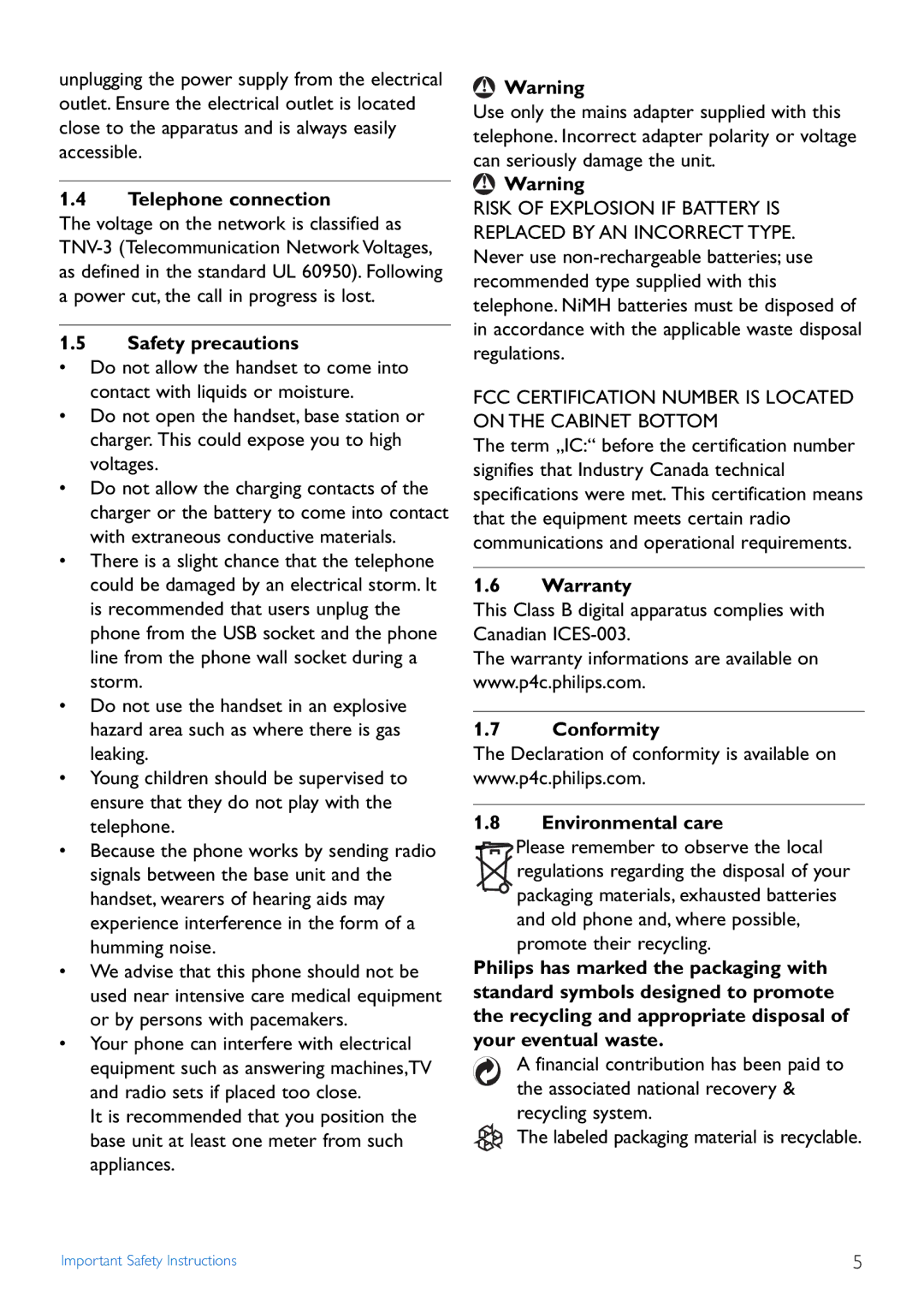 Philips CD440 manual Telephone connection, Safety precautions, Warranty, Conformity Environmental care 