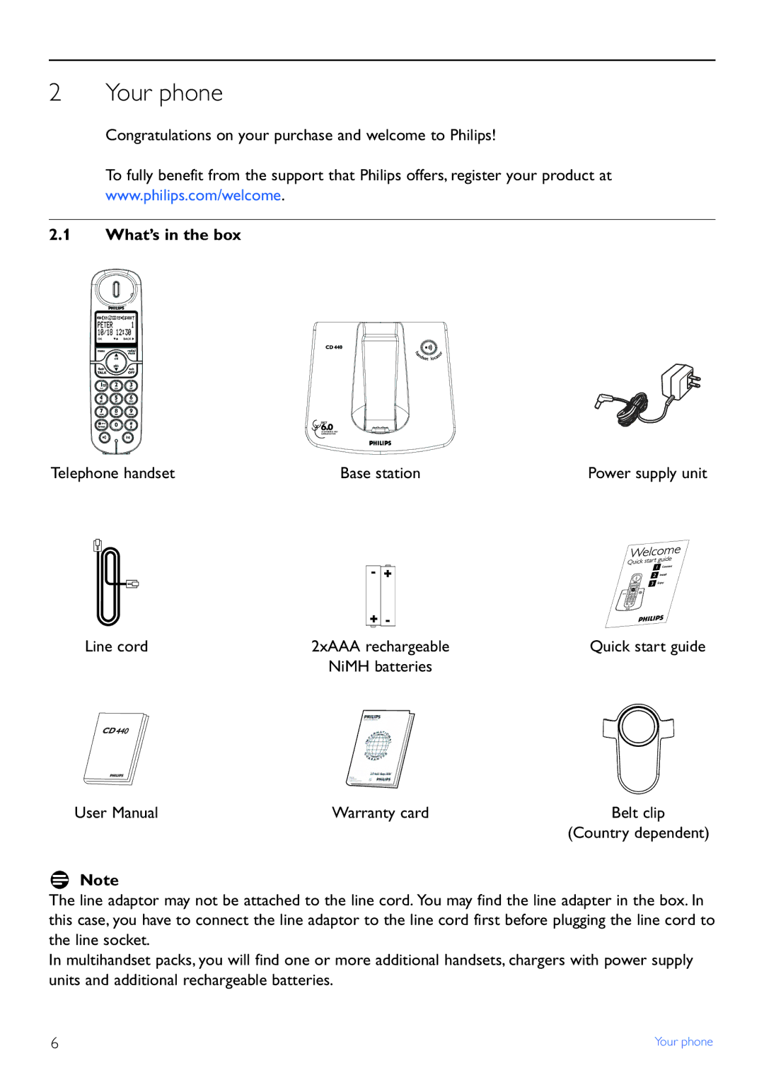 Philips CD440 manual Your phone, What’s in the box, Line cord 