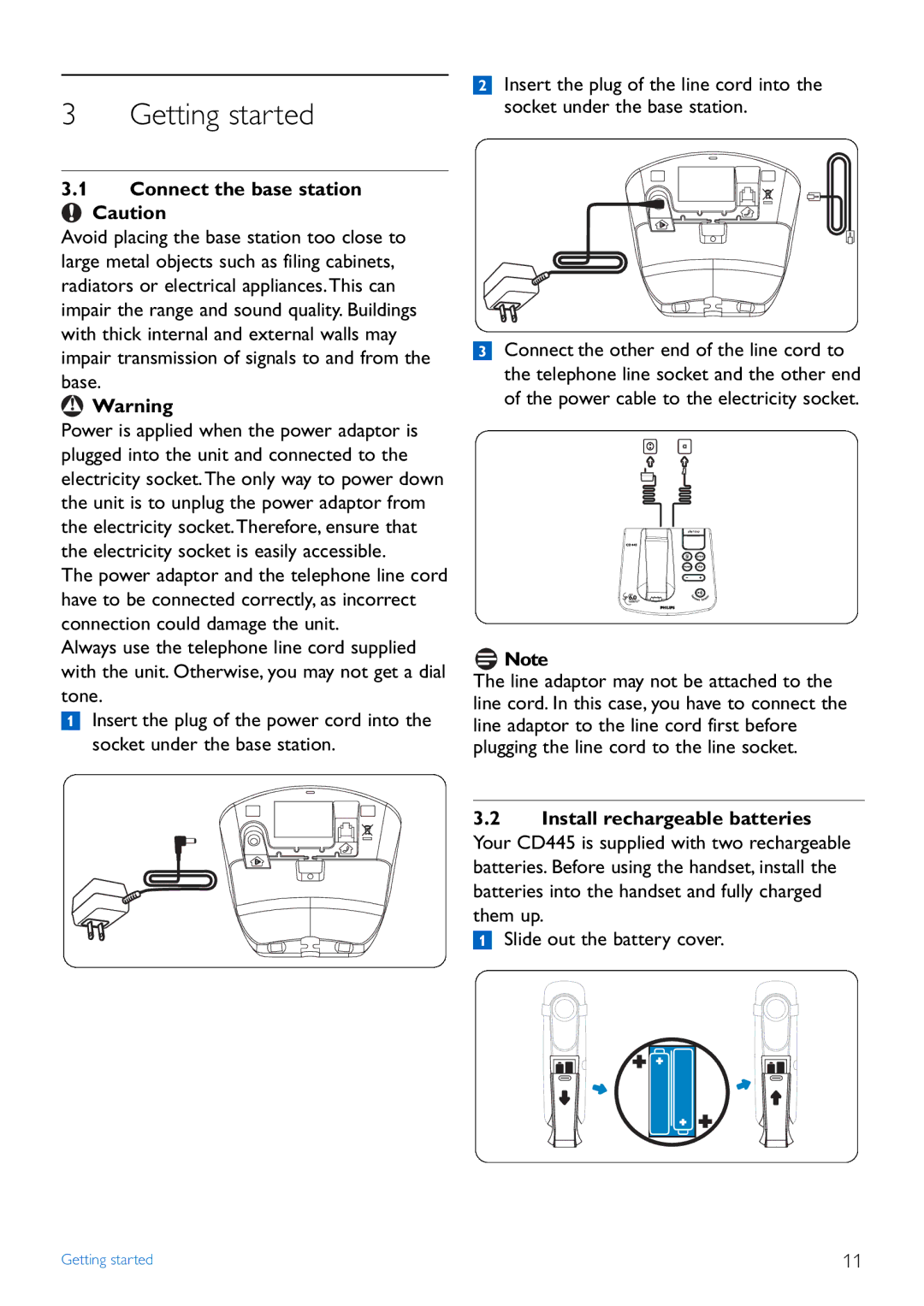 Philips TD4454Q, CD445 manual Getting started, Connect the base station Caution, Slide out the battery cover 