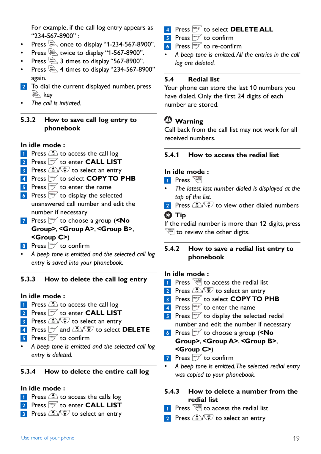 Philips TD4454Q How to save call log entry to phonebook Idle mode, How to delete the call log entry Idle mode, Redial list 