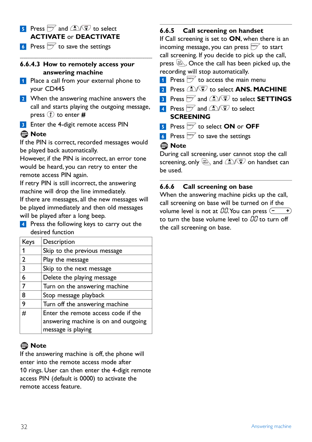 Philips CD445 Activate or Deactivate, How to remotely access your answering machine, Call screening on handset, Screening 