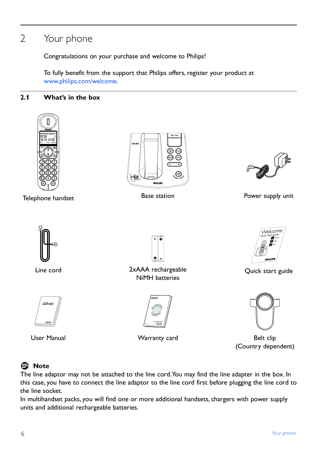 Philips CD445, TD4454Q manual Your phone, What’s in the box, Line cord 