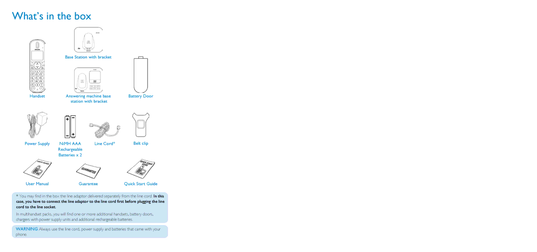 Philips CD455 What’s in the box, Base Station with bracket Handset Answering machine base, NiMH AAA Line Cord, Guarantee 