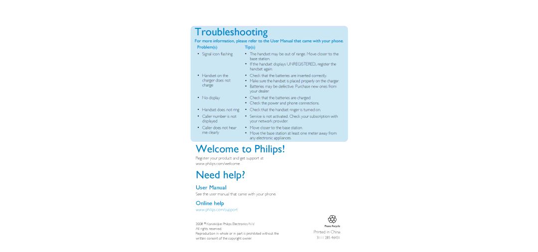 Philips CD455, CD450 user manual Troubleshooting, Welcome to Philips Need help?, ProblemsTips 