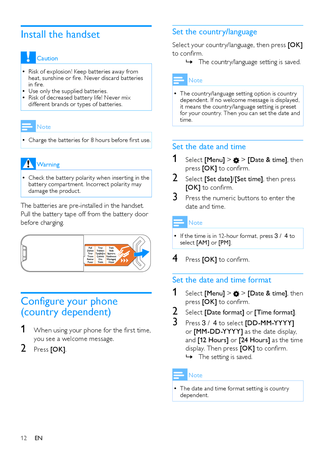 Philips CD485, CD480 user manual Install the handset, Set the country/language, Set the date and time format 