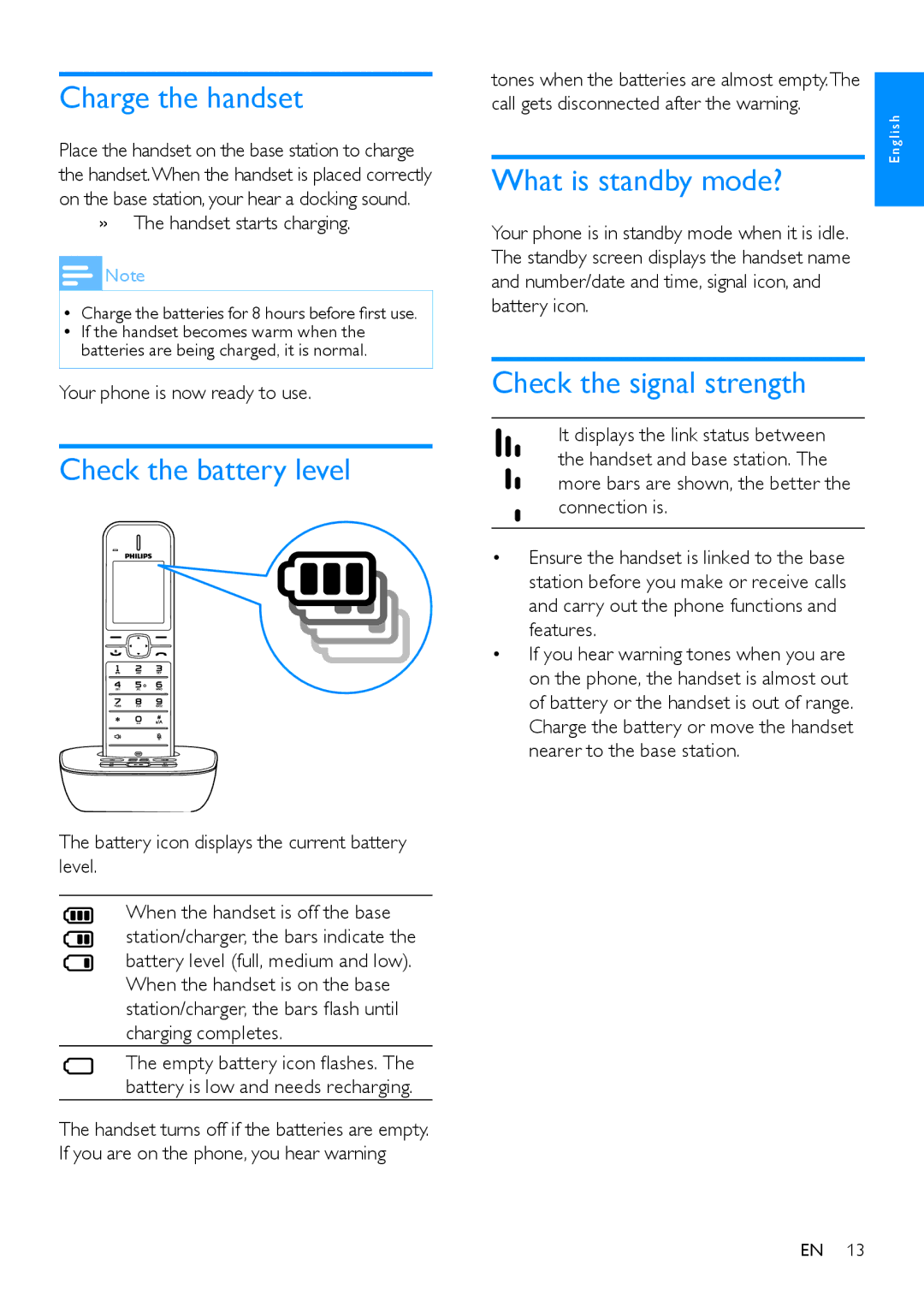 Philips CD480, CD485 Charge the handset, Check the battery level, What is standby mode?, Check the signal strength 