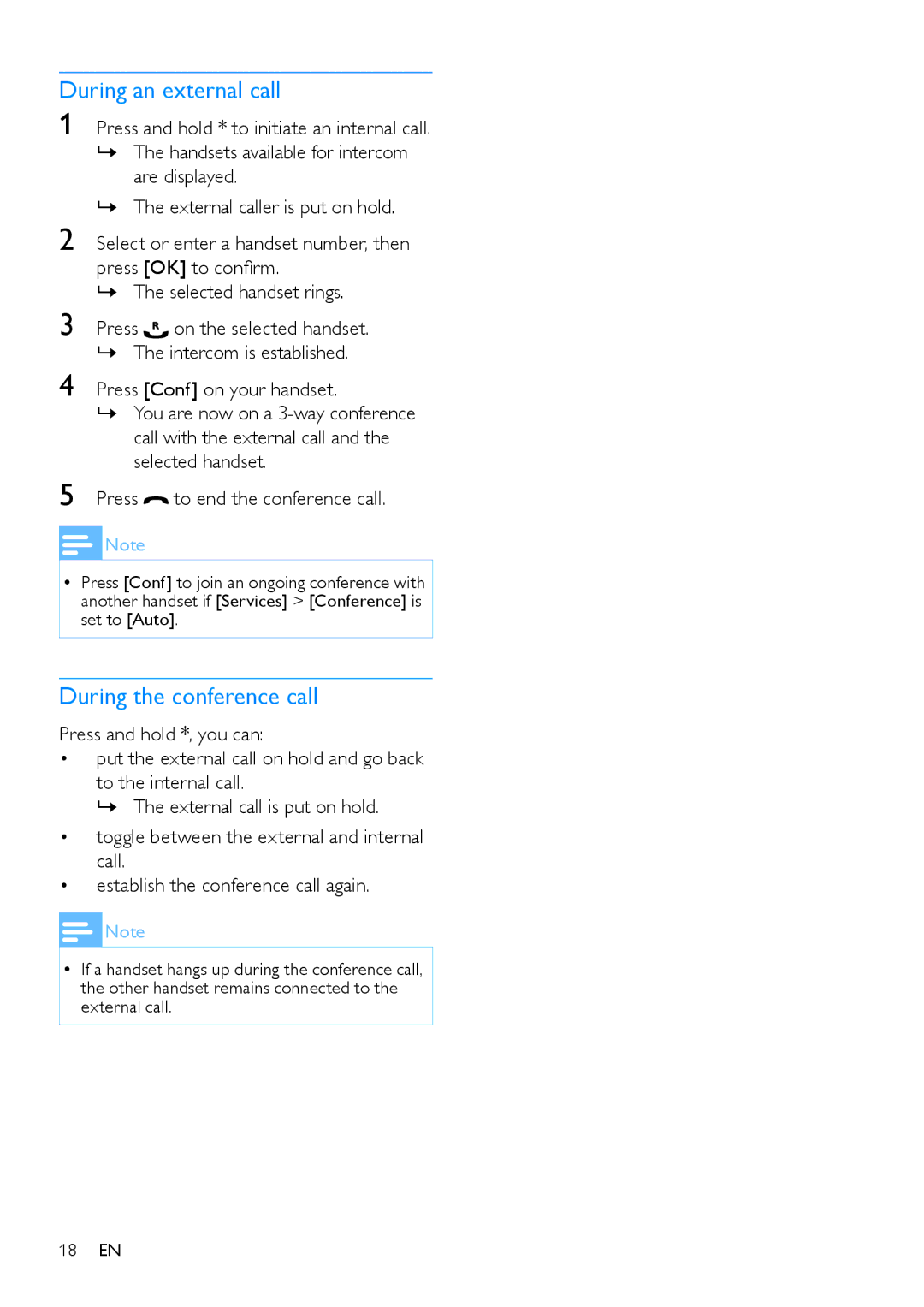 Philips CD485, CD480 user manual During an external call, During the conference call 