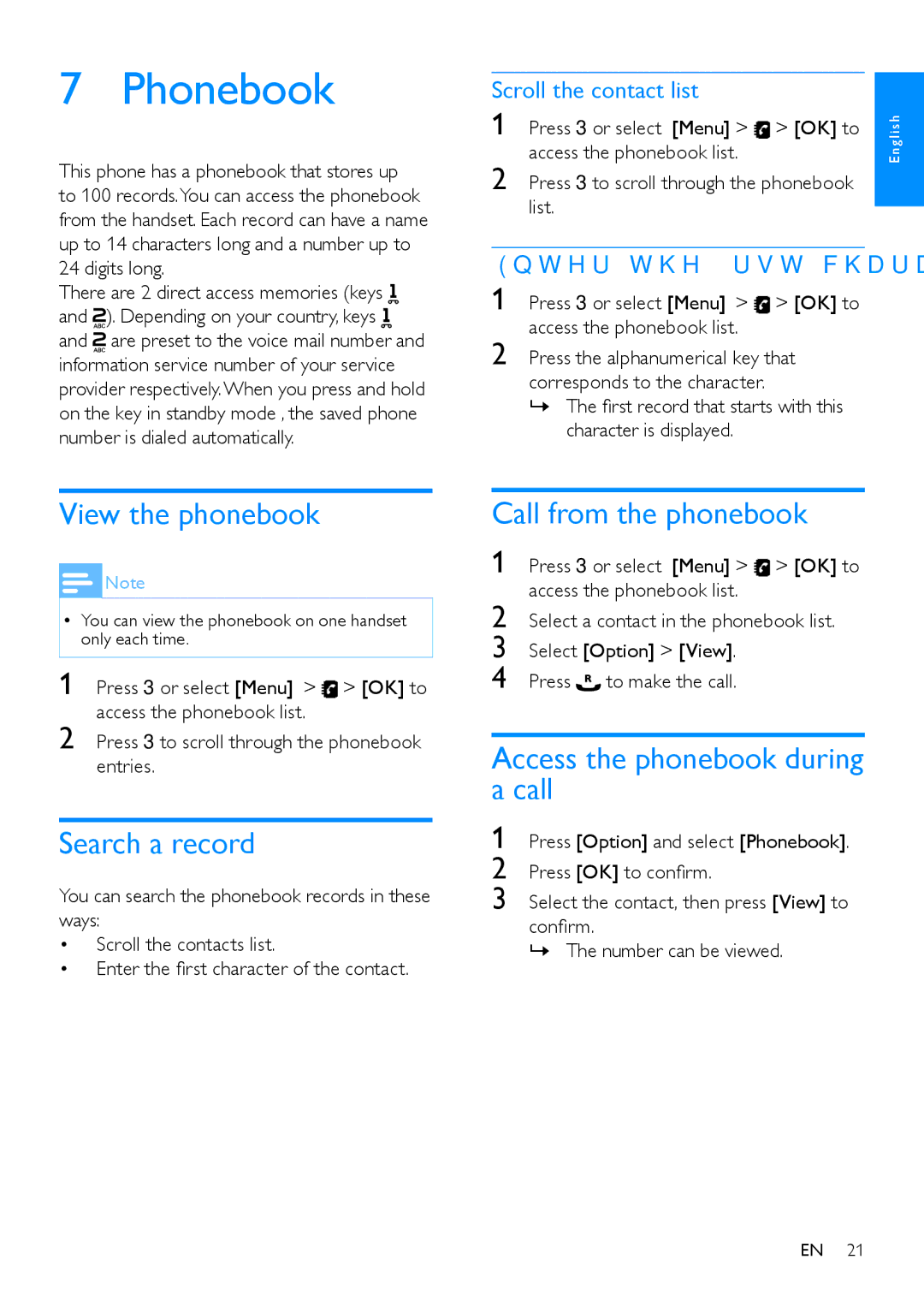 Philips CD480 Phonebook, View the phonebook, Search a record, Call from the phonebook, Access the phonebook during a call 