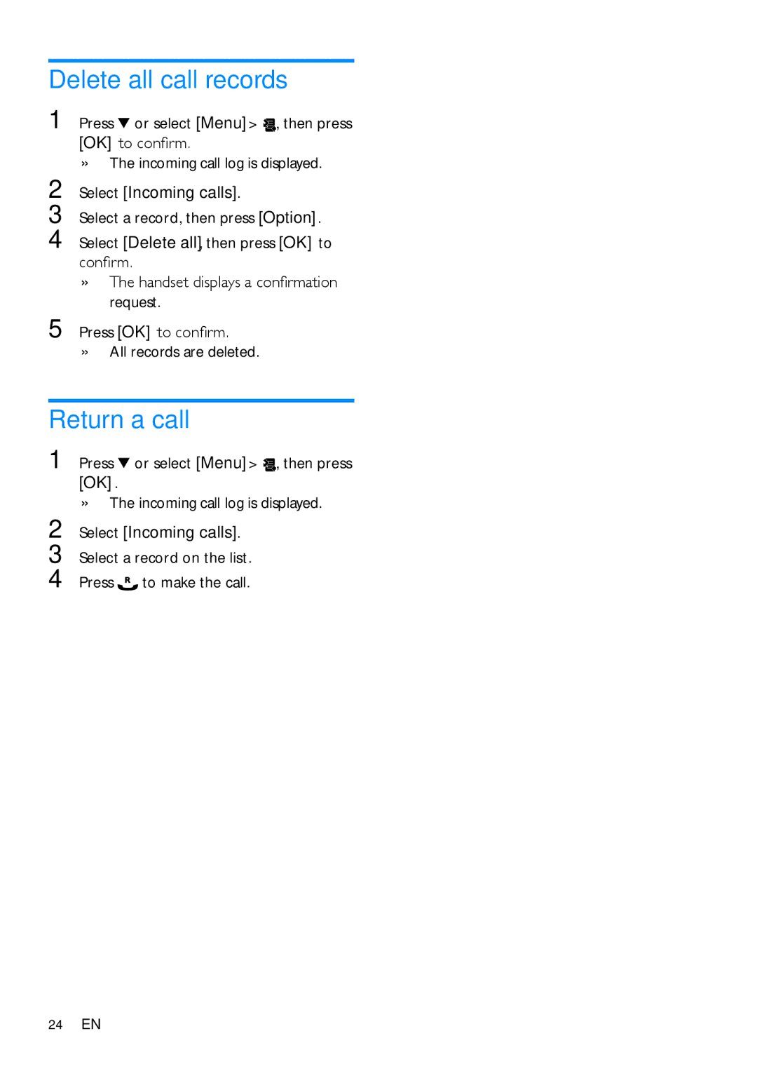 Philips CD485, CD480 user manual Delete all call records, Return a call 