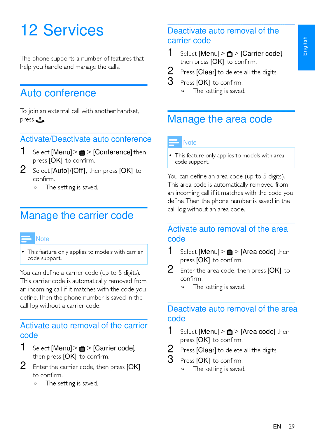 Philips CD480, CD485 user manual Services, Auto conference, Manage the carrier code, Manage the area code 