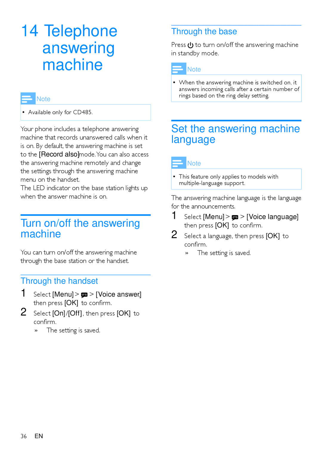 Philips CD485 Turn on/off the answering machine, Set the answering machine language, Through the handset, Through the base 