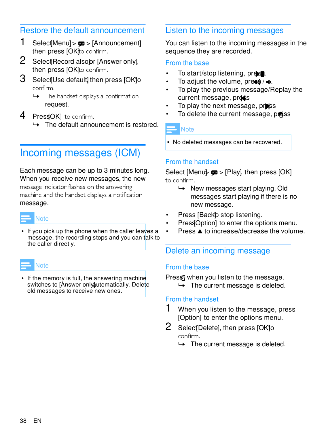 Philips CD485, CD480 user manual Incoming messages ICM, Restore the default announcement, Listen to the incoming messages 