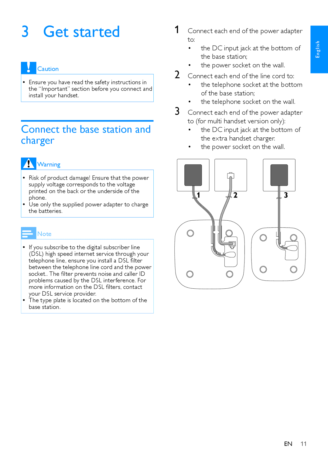 Philips CD480, CD485 user manual Get started, Connect the base station and charger 