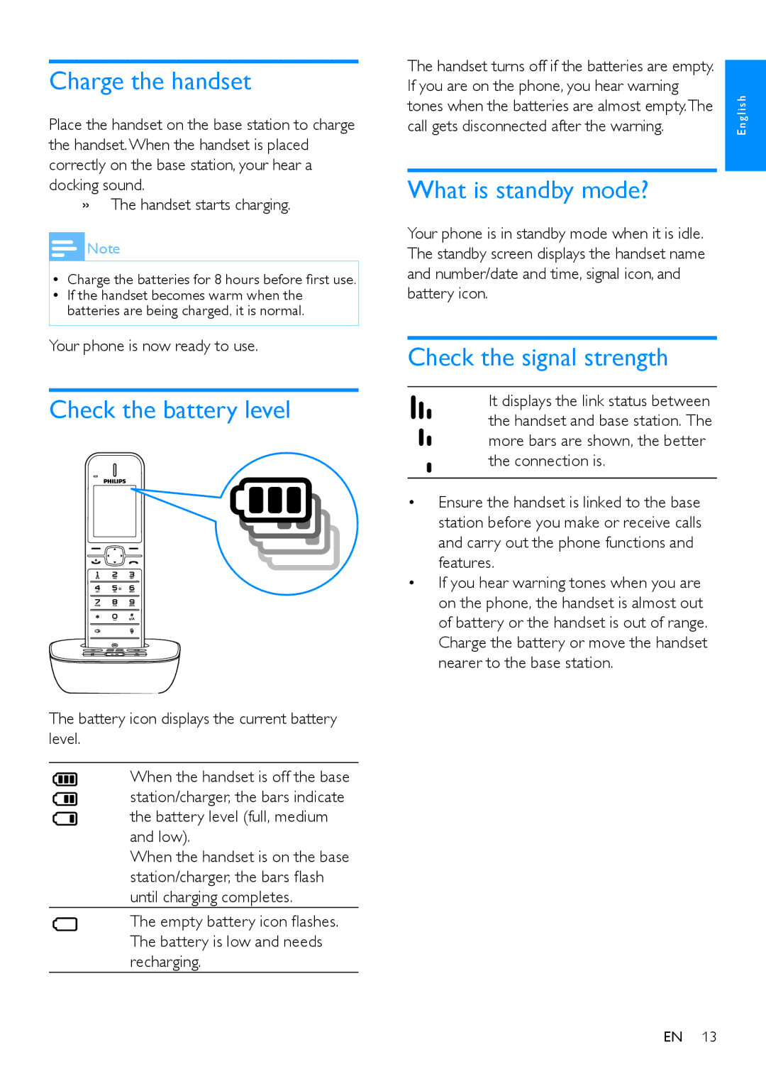 Philips CD480, CD485 Charge the handset, Check the battery level, What is standby mode?, Check the signal strength 