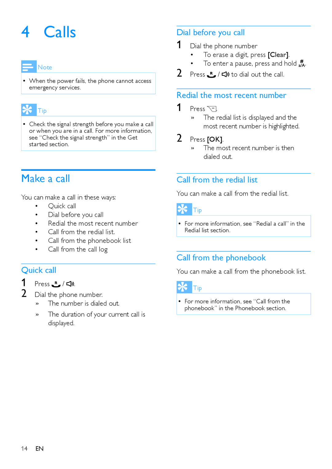 Philips CD485, CD480 user manual Calls, Make a call 