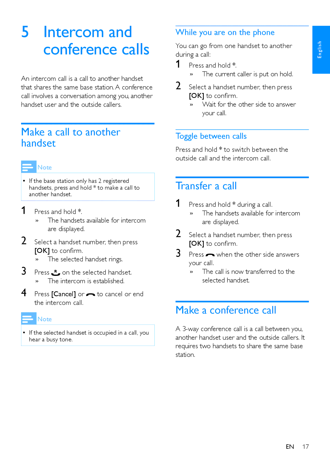 Philips CD480, CD485 Make a call to another handset, Transfer a call, Make a conference call, While you are on the phone 