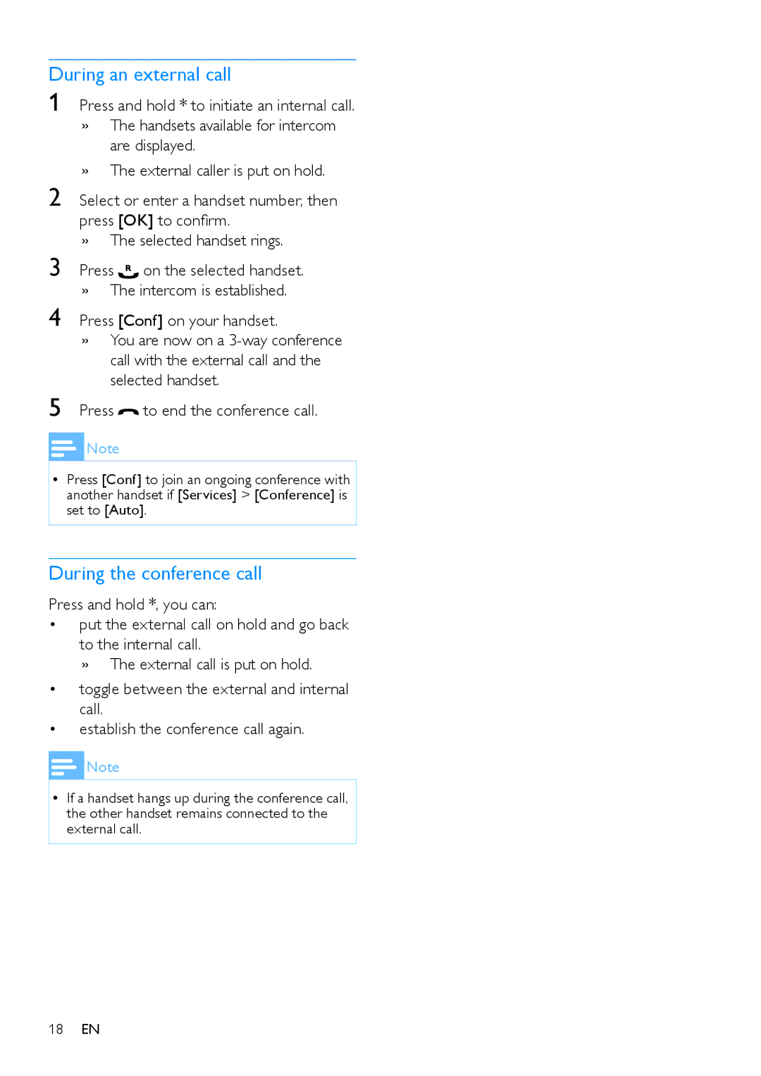 Philips CD485, CD480 user manual During an external call, During the conference call 