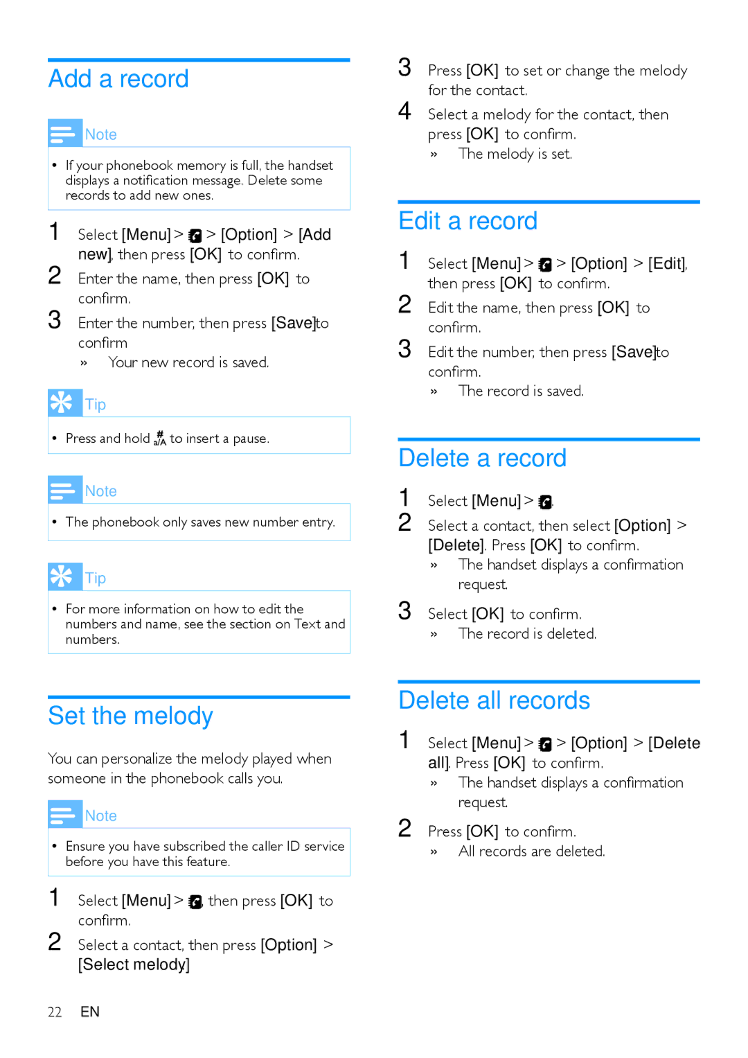 Philips CD485, CD480 user manual Add a record, Edit a record, Delete a record, Set the melody, Delete all records 